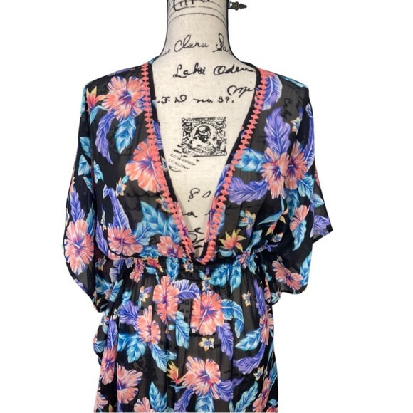 Miken Swim Floral Kimono Cover-Up Swim Elastic Waist Size Medium Black/Purple - Picture 4 of 11